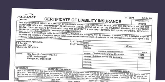 Business certificate of insurance