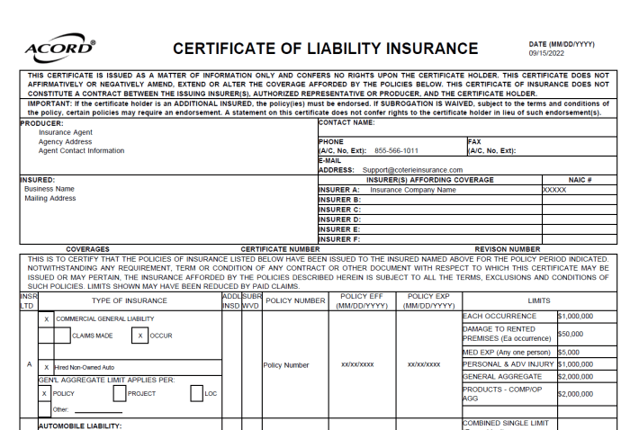 Business certificate of insurance